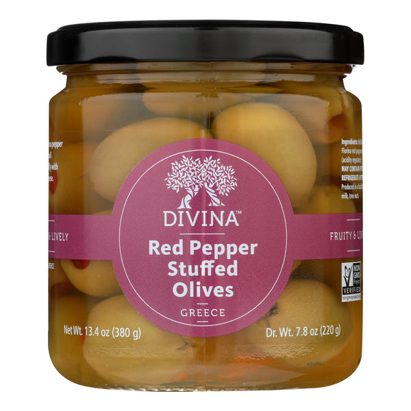 Divina - Olives Stuffed with Sweet Peppers - Case of 6 - 7.8 Ounce.