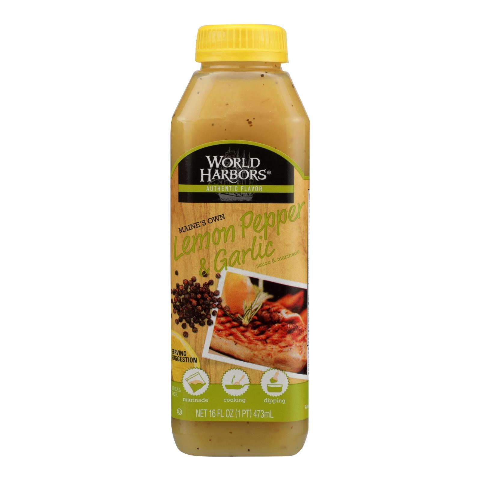 World Harbor Lemon Pepper and Garlic Seafood and Poultry Sauce and Marinade - Case of 6 - 16 Fl Ounce.