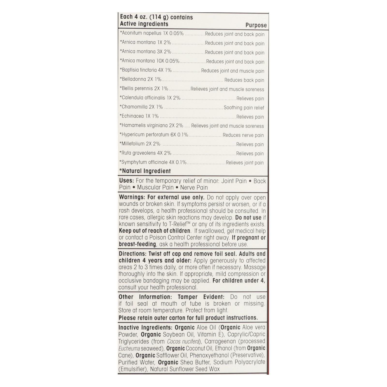 T-Relief - Pain Relief Ointment - Arnica plus 12 Natural Ingredients - 3.53 Ounce