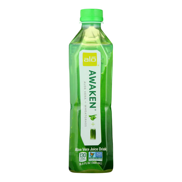 Alo Original Awaken Aloe Vera Juice Drink  - Wheatgrass - Case of 12 - 16.9 fl Ounce.