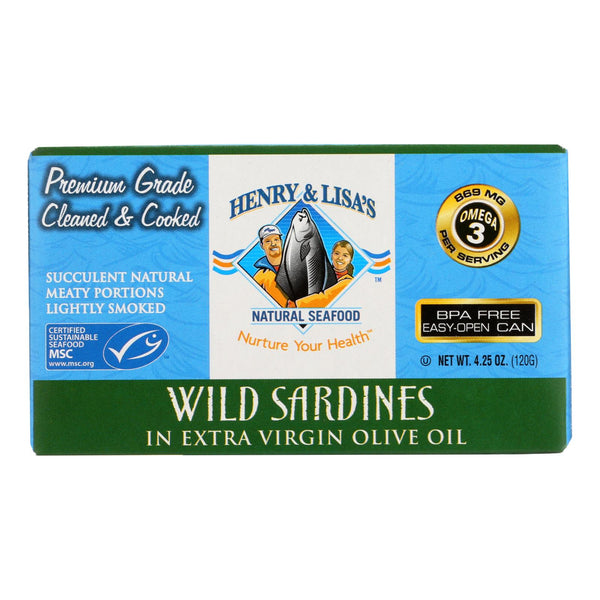 Henry and Lisa's Natural Seafood Wild Sardines In Extra Virgin Olive Oil - Case of 12 - 4.25 Ounce.