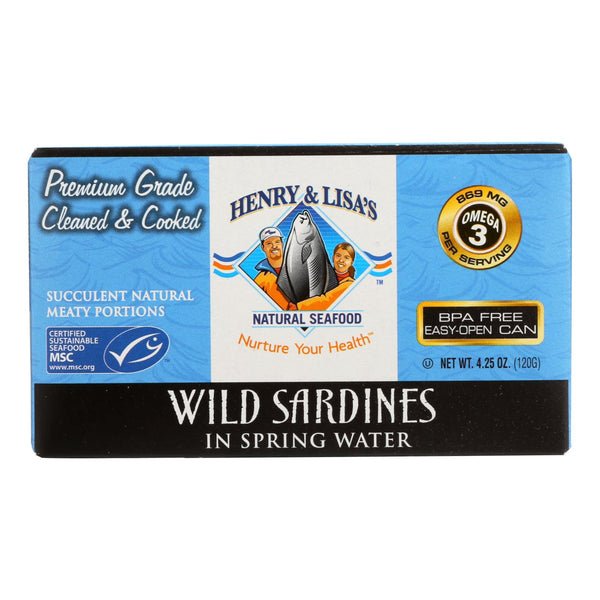 Henry and Lisa's Natural Seafood Wild Sardines in Spring Water - Case of 12 - 4.25 Ounce.