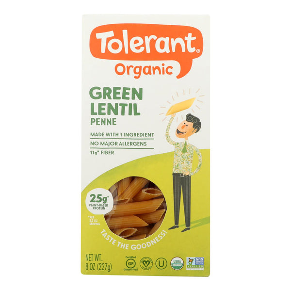 Tolerant Simply Legumes Green Lentil Pasta - Penne - Case of 6 - 8 Ounce.