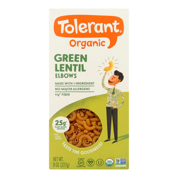 Tolerant Green Lentil Pasta - Elbows - Case of 6 - 8 Ounce.