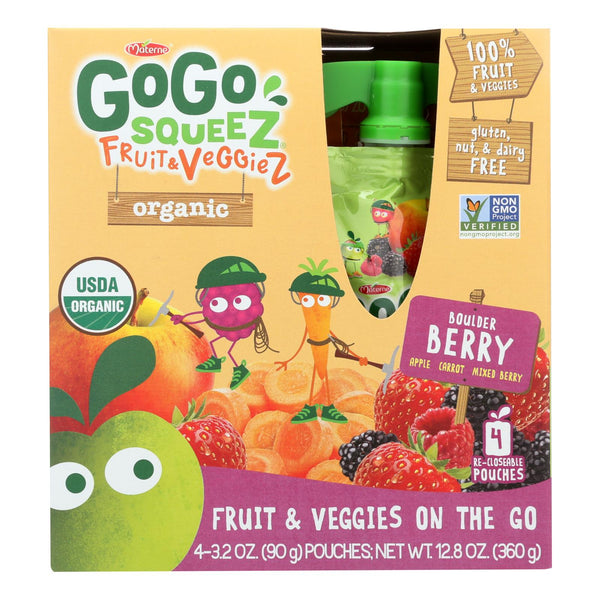 Gogo Squeez Bolder Berry Organic Fruit & Veggiez On The Go - Case of 12 - 4/3.2 Ounce