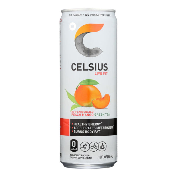 Celcius Live Fit Peach Mango Non-Carbonated Green Tea  - Case of 12 - 12 Fluid Ounce