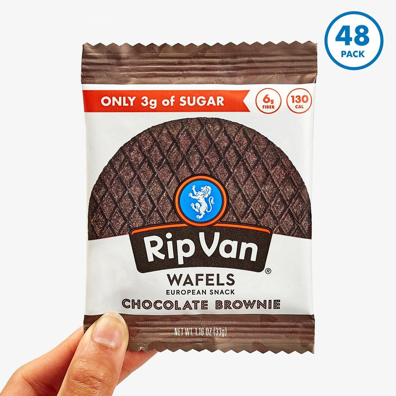 Rip Van Wafels Low Sugar Chocolate Brownie Singles 1.16 Ounce Size - 48 Per Case.