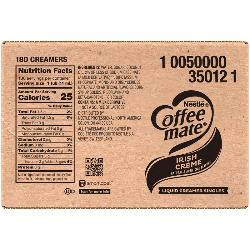 Nestle Coffee Mate Coffee Creamer Irish Cremeflavor Liquid Creamer Singles 0.375 Ounce Size - 180 Per Case.