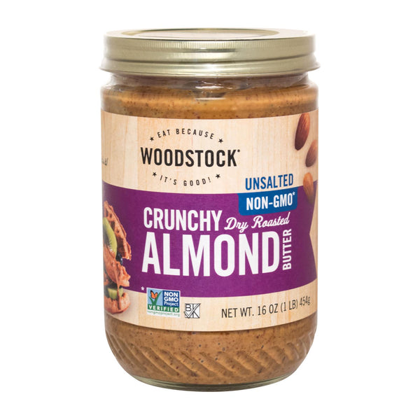 Woodstock Unsalted Non-GMO Crunchy Dry Roasted Almond Butter - Case of 12 - 16 Ounce