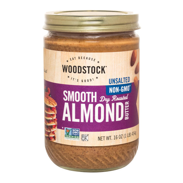 Woodstock Unsalted Non-GMO Smooth Dry Roasted Almond Butter - Case of 12 - 16 Ounce