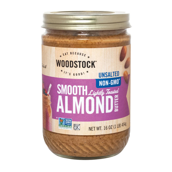 Woodstock Unsalted Non-GMO Smooth Lightly Toasted Almond Butter - Case of 12 - 16 Ounce