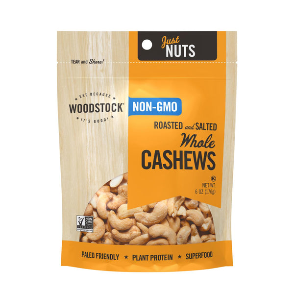 Woodstock Non-GMO Whole Cashews, Roasted and Salted - Case of 8 - 6 Ounce