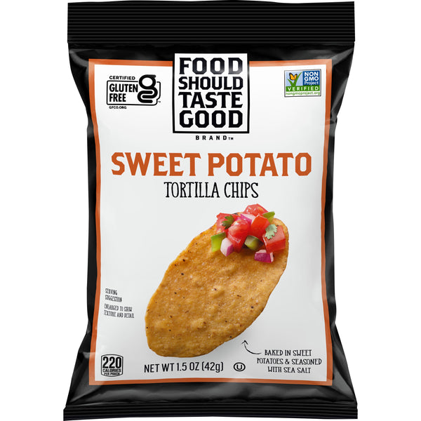 Food Should Taste Good™ Tortilla Chips Single Serve Sweet Potato 1.5 Ounce Size - 24 Per Case.
