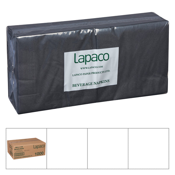 Lapaco 10 Inch X 10 Inch 1/4 Fold 2 Ply Black Beverage Napkin 1000 Each - 1 Per Case.