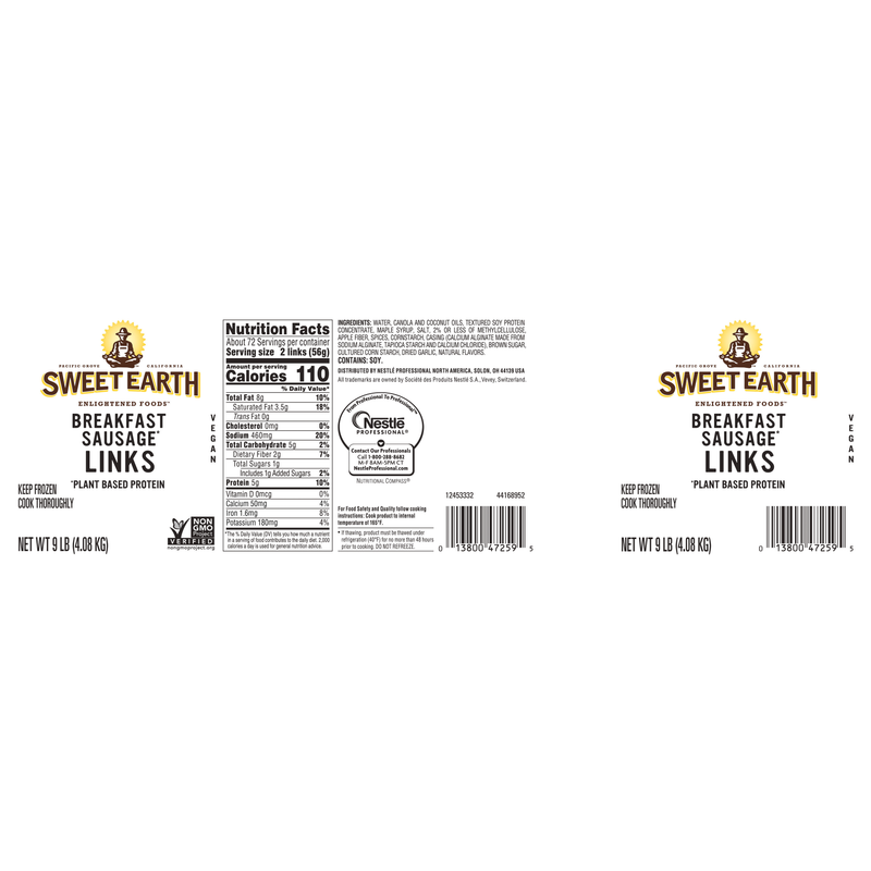 Sweet Earth Breakfast Sausage Links Plant Based Protein Pouch 9 Pound Each - 1 Per Case.