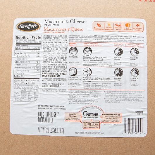 Stouffer's Traditional Macaroni & Cheese Frozen Pouch 20 Pound Each - 1 Per Case.