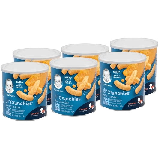 Gerber Lil' Crunchies Mild Cheddar Baked Grain Snack Baby Food 1.48 Ounce Size - 6 Per Case.