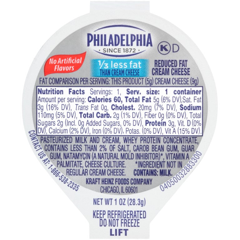 PHILADELPHIA Reduced Fat Cream Cheese Spread 1 Ounce Cup 100 Per Case