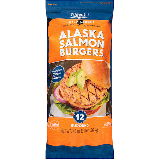 Trident Seafoods 4 Ounce Boneless Skinless Parfried Alaskan Salmon Burger 3 Pound Each - 12 Per Case.