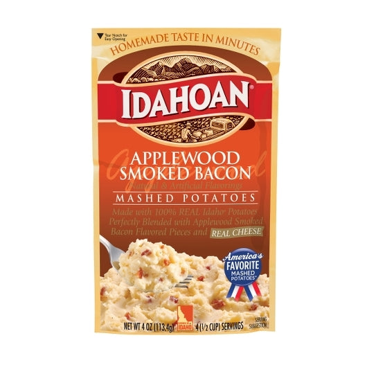 Idahoan Foods Mashed Potatoes Applewood Smoked Bacon Pouch 4 Ounce Size - 12 Per Case.