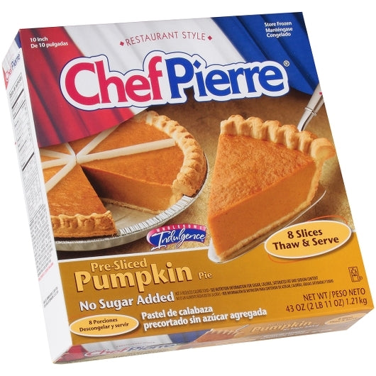 Chef Pierre Pumpkin 8 Slices Pre-Baked No Sugar Added 10" Pie 2.687 Pound Each - 6 Per Case.
