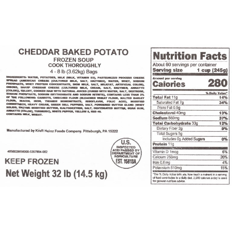 HEINZ CHEF FRANCISCO Cheddar Baked Potato Soup 8 lb. Bag 4 Per Case