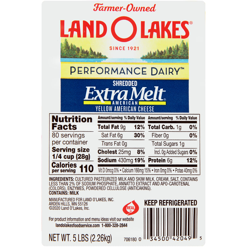 Land-O-Lakes® Extra Melt® Shredded American Cheese Yellow 5 Pound Each - 4 Per Case.