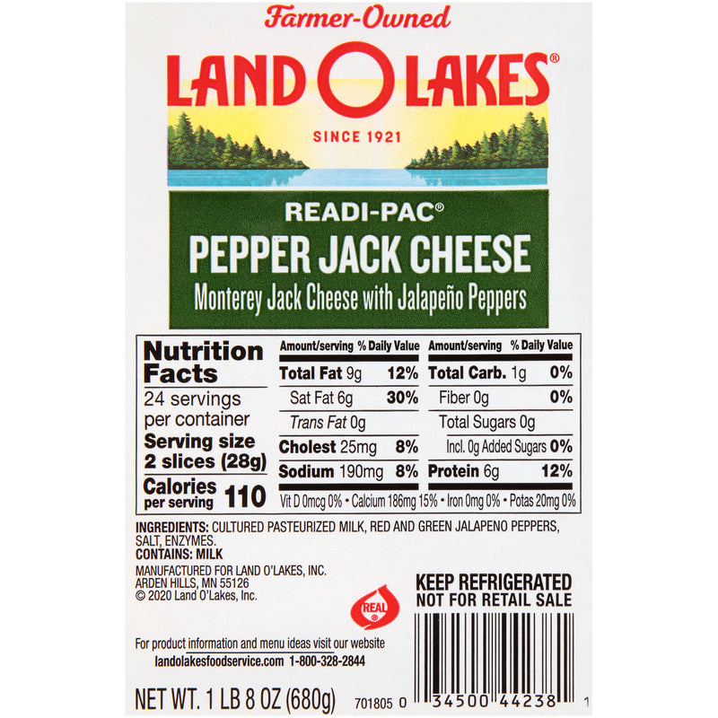 Land-O-Lakes® Readi Pac® Pepper Jack Cheese Slices 1.5 Pound Each - 8 Per Case.