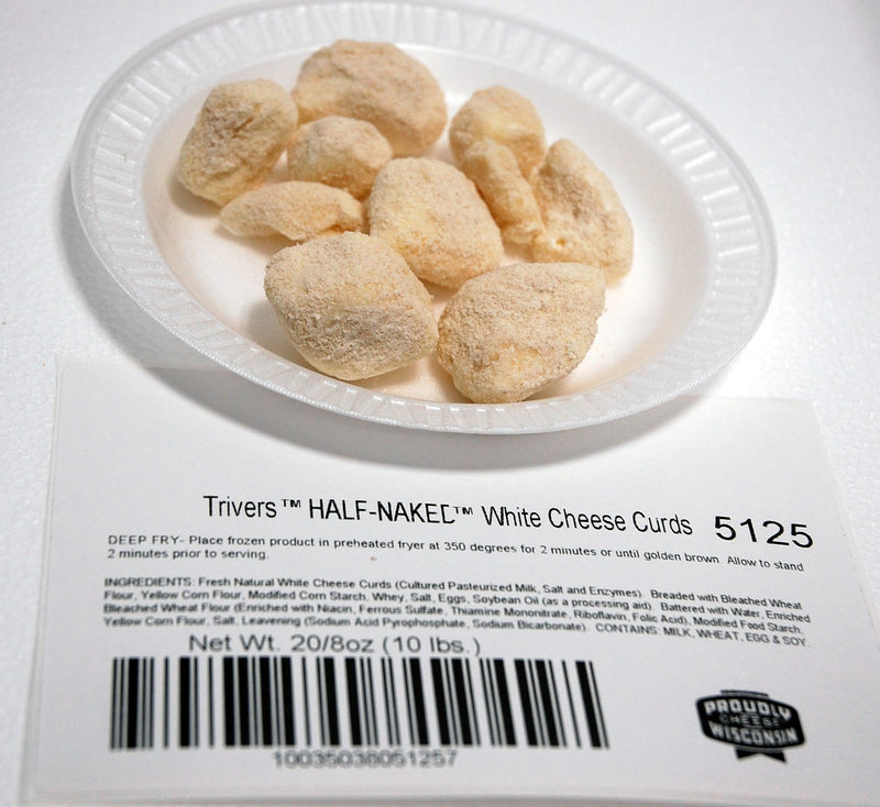 Trivers' Half Naked White Cheese Curds 8 Ounce Size - 20 Per Case.