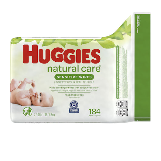 Huggies Baby Wipes Natural Care Fragrance Free, 184 Count Packs - 3 Per Case.