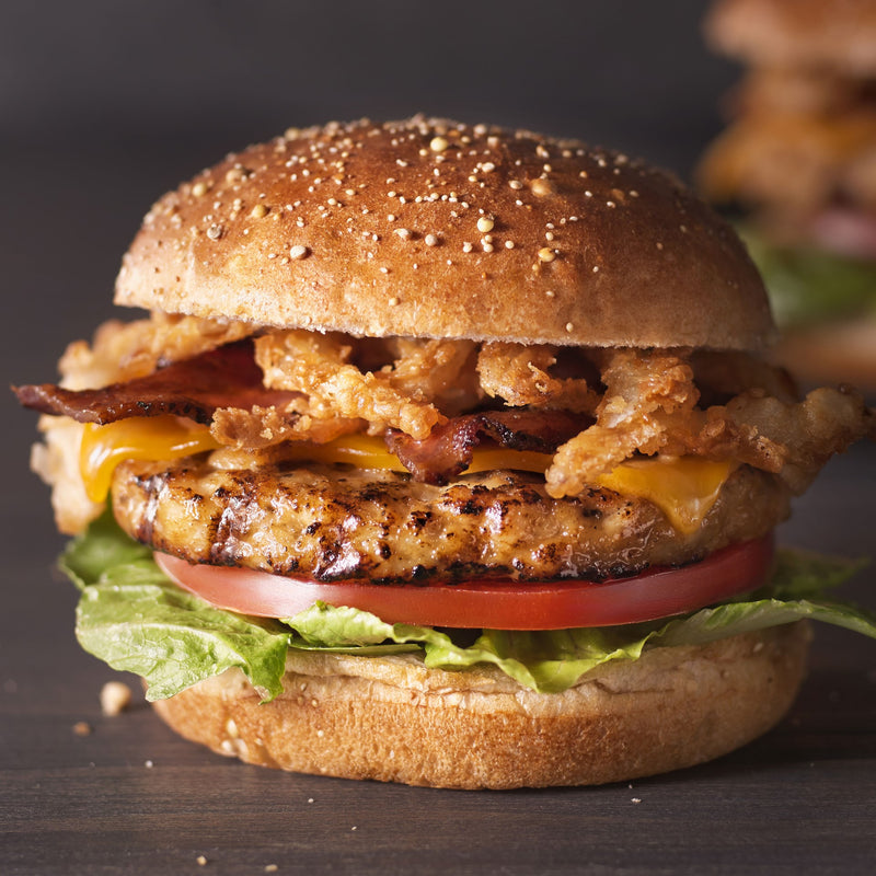 Chicken Burger Fully Cooked Gluten Free All Natural With Grill Marks Avg 5 Pound Each - 2 Per Case.