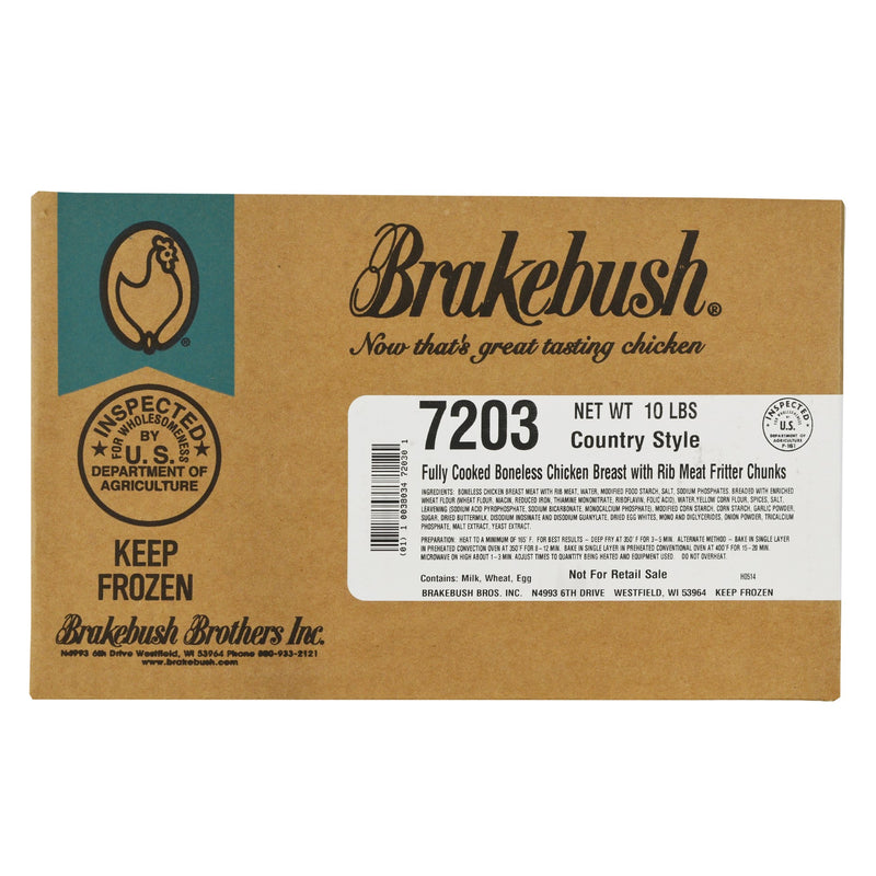 Brakebush Country Style Fully Cooked Boneless Chicken Breast With Rib Meat Fritter Chunks, 5 Pounds
