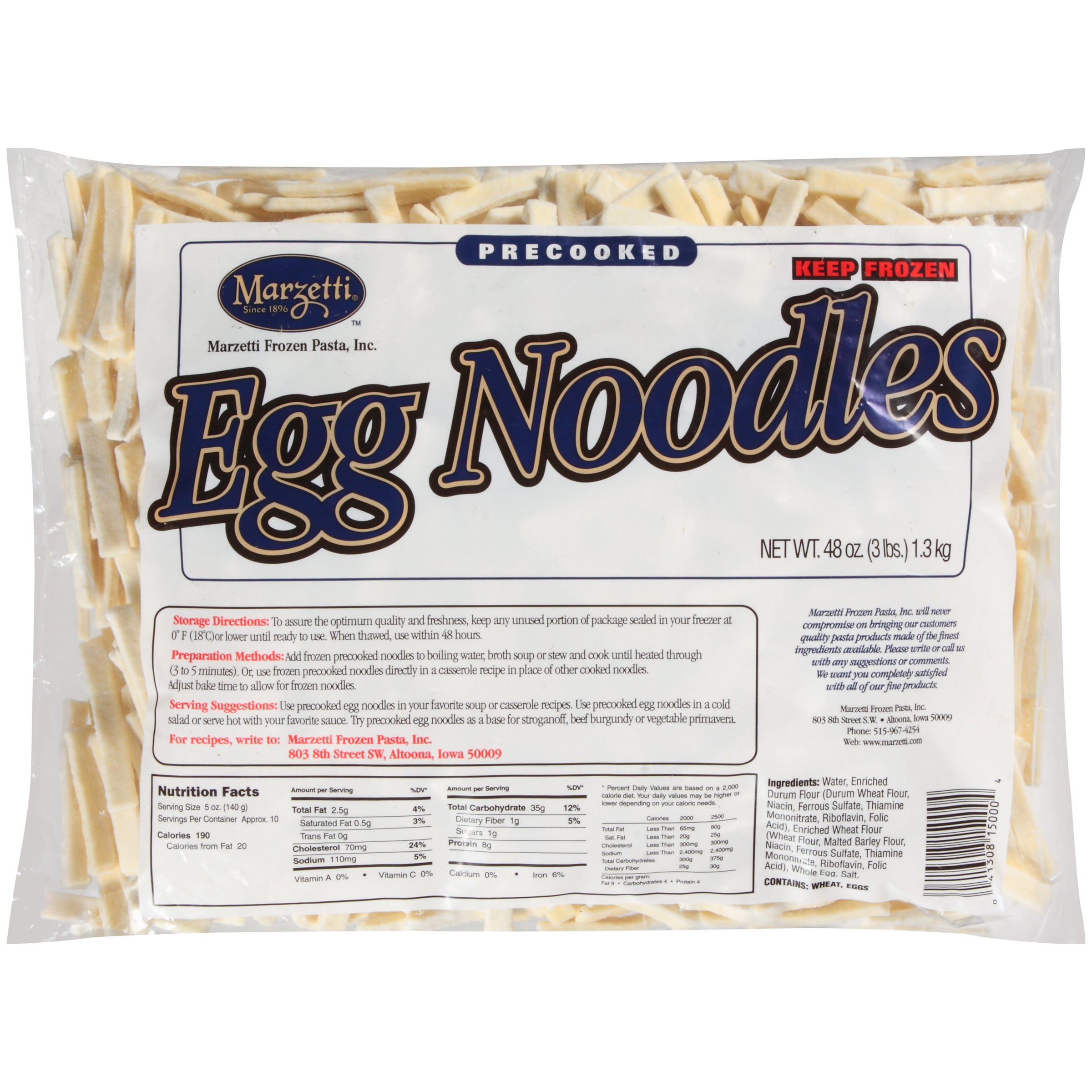 Marzetti Frozen Pasta IQF Precooked Egg Noodles 3 Pound Each - 6 Per Case.