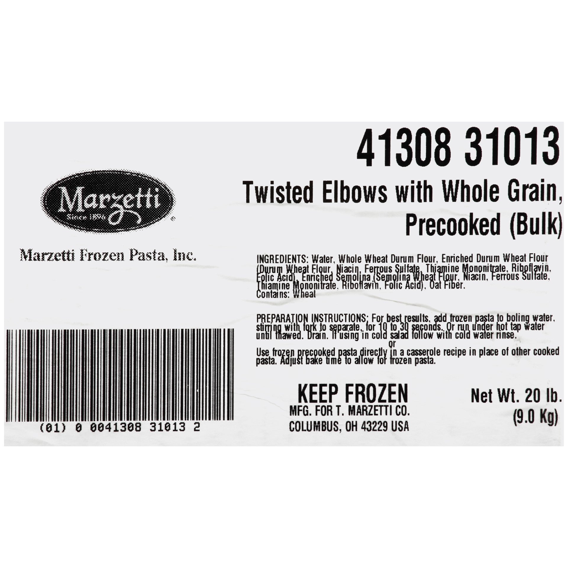 Marzetti Frozen Pasta Twisted Elbows With Wholegrain 20 Pound Each - 1 Per Case.