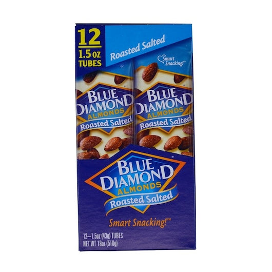 Blue Diamond Roasted Salted Almonds Tubes 1.5 Ounce Size - 144 Per Case.
