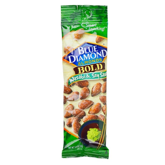 Blue Diamond Wasabi & Soy Sauce Almonds Tube 1.5 Ounce Size - 144 Per Case.