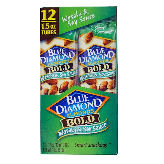 Blue Diamond Wasabi & Soy Sauce Almonds Tube 1.5 Ounce Size - 144 Per Case.