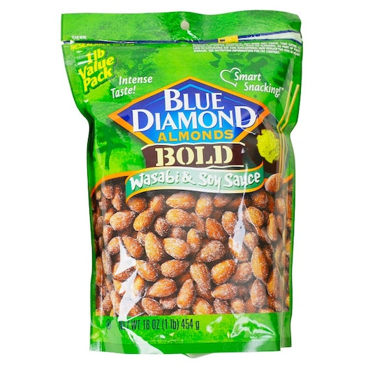 Blue Diamond Bold Wasabi & Soy Sauce Almonds 16 Ounce Size - 6 Per Case.
