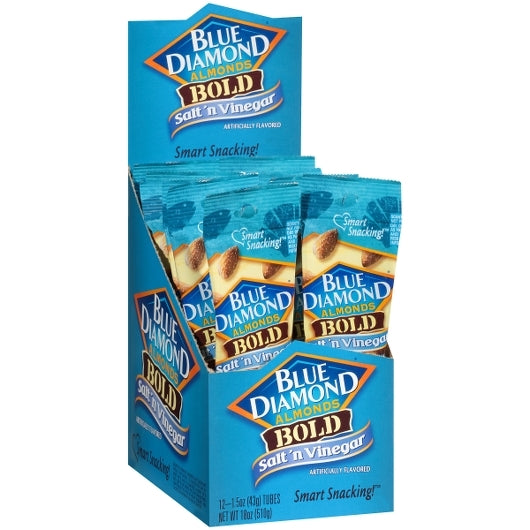Blue Diamond Bold Salt & Vinegar Almonds Tube 1.5 Ounce Size - 144 Per Case.