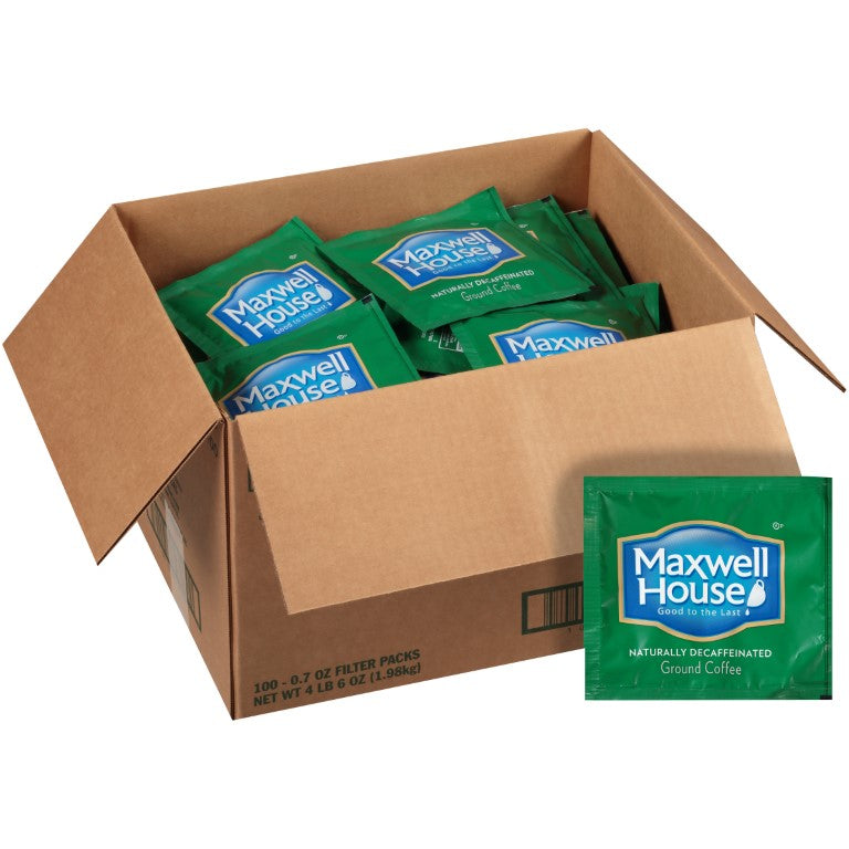 Maxwell House Filter Packs Decaffeinated Ground Coffee Single Serve 0.7 Packets 100 Count Each - 1 Per Case.