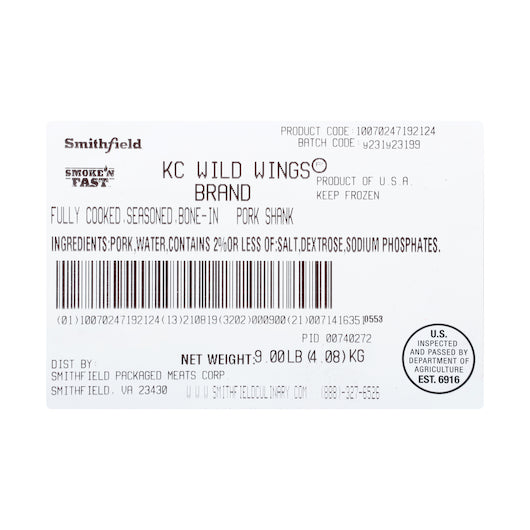 Smithfield Farmland Kc Wild Wings Fully Cooked Pork Wings 3.02 Pound Each - 3 Per Case.