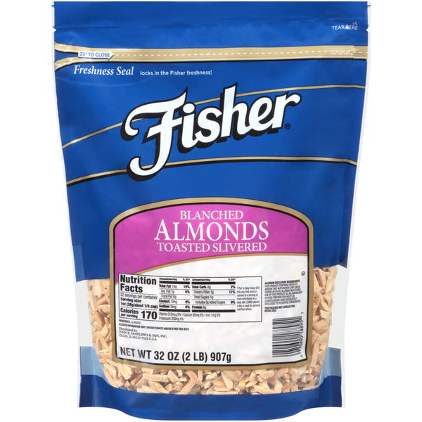 Fisher Toasted Blanched Slivered Almonds No Salt 32 Ounce Size - 3 Per Case.