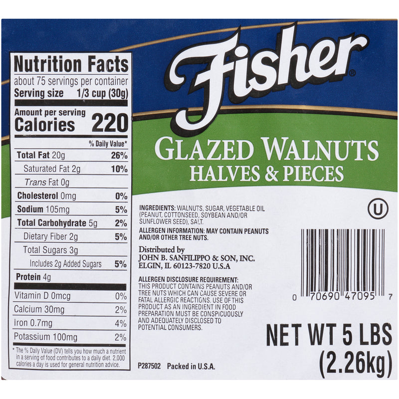 Fisher Walnut Halves And Pieces Glazed 5 Pound Each - 1 Per Case.