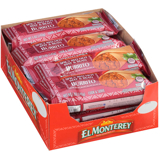 El Monterey Individually Wrapped Beef & Bean Spicy Red Hot Burrito, 5 Ounces - 24 Per Case.