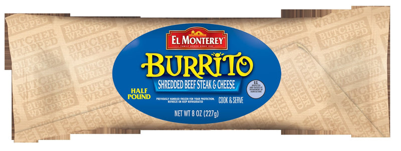 Burrito El Monterey Shredded Beef Steak And Cheese Individually Wrapped 8 Ounce Size - 12 Per Case.