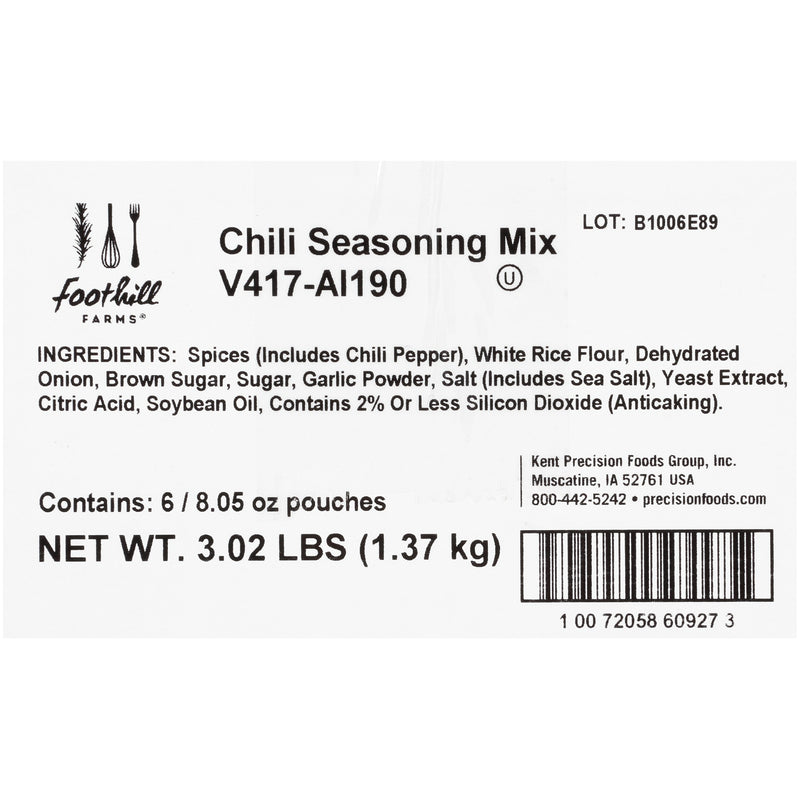 Foothill Farms Chili Seasoning Mix 8.05 Ounce Size - 6 Per Case.
