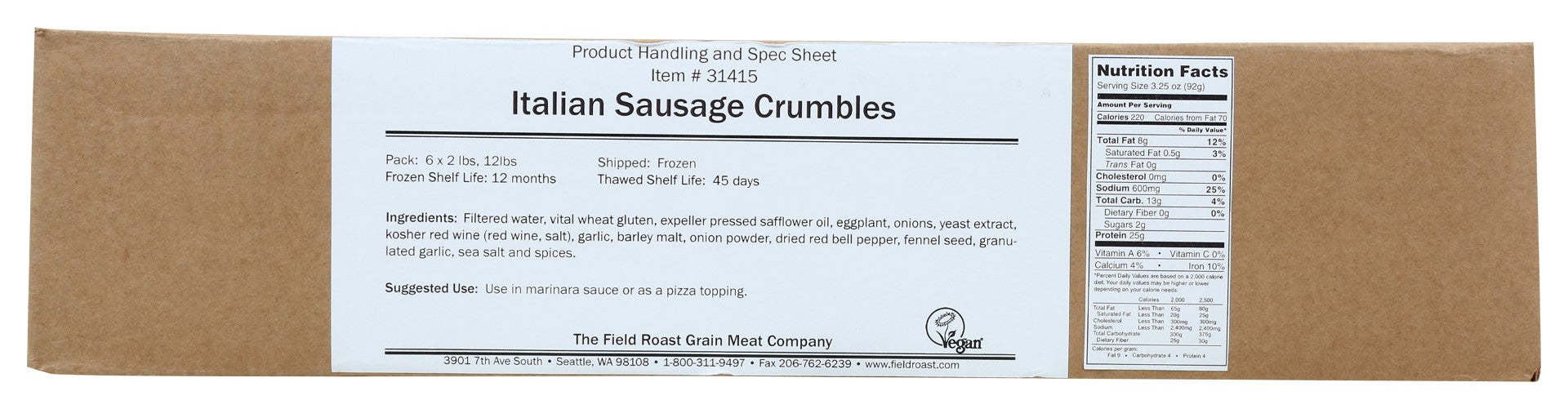 Field Roast Italian Crumble 12 Pound Each - 1 Per Case.