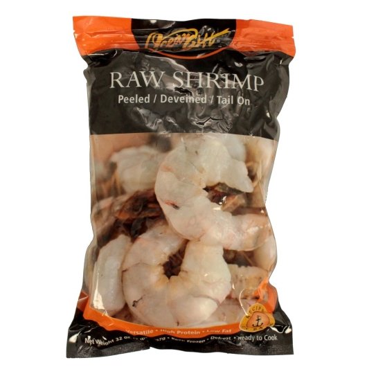 Frozen Seafood Commodity Shrimp Raw Peeled & Deveined 21/25 Count Tail On 2 Pound Each - 5 Per Case.