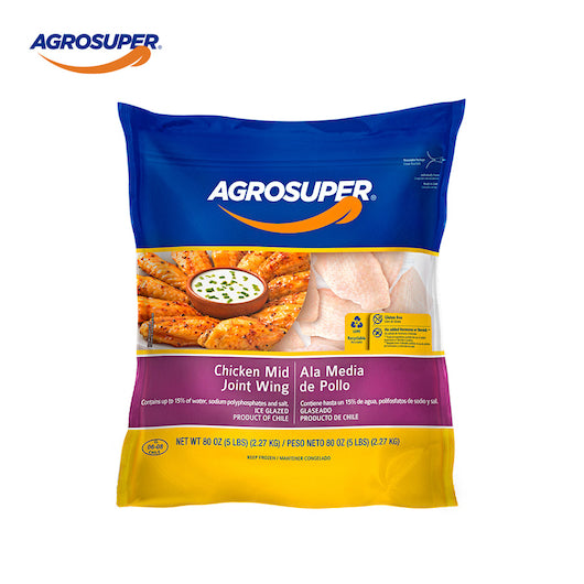 Agro Super Marinated Midjoint Chicken Wing IQF 5 Pound Each - 8 Per Case.