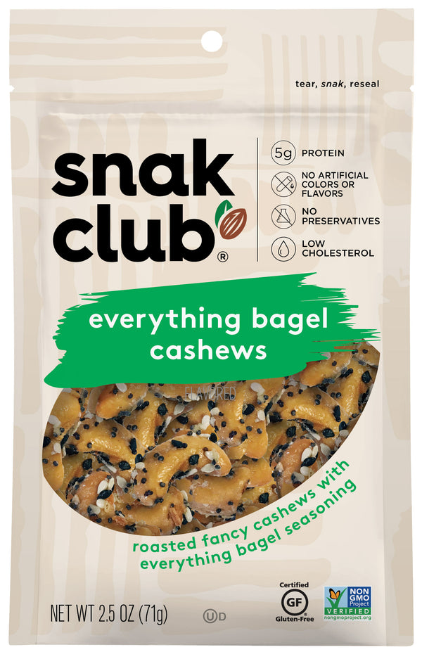 Snak Club Resealable Everything Bagel Cashews 2.5 Ounce Size - 6 Per Case.